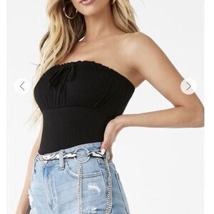 Forever 21 Ribbed Drawstring Black Cropped Tube Top Size Small Y2K 90s